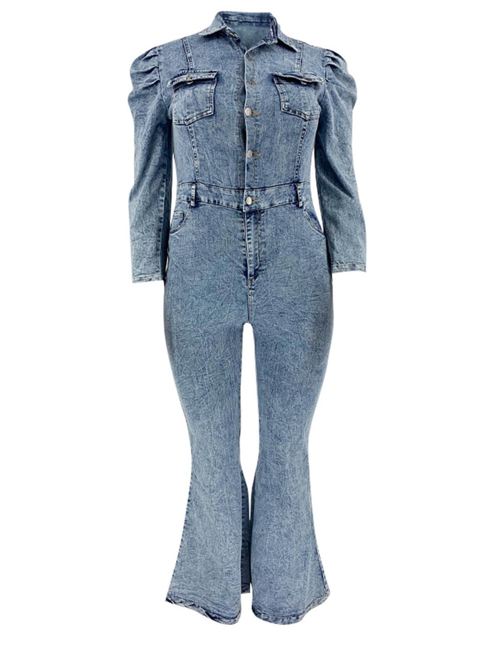 High-Waist Blue Denim Jean Jumpsuit  with Flared Legs sz 12/14